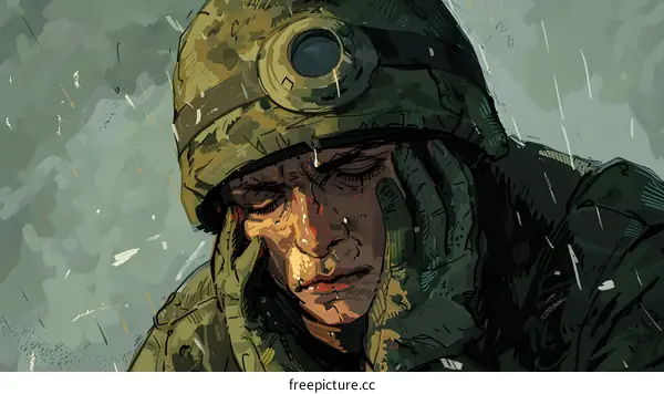 A soldier wearing a green helmet with a light on it is looking down with a sad expression on his face.
