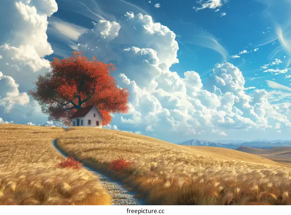 Whimsical Autumnal Farmhouse in a Golden Field