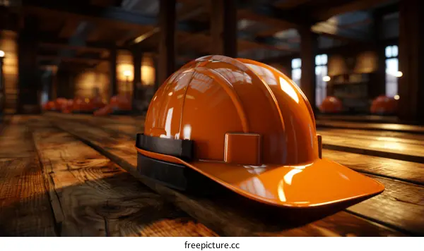 An Orange Hard Hat Sits on a Wooden Floor