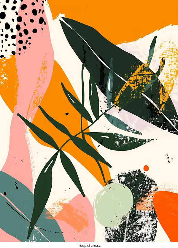 Abstract Art Print With Leaves and Spots