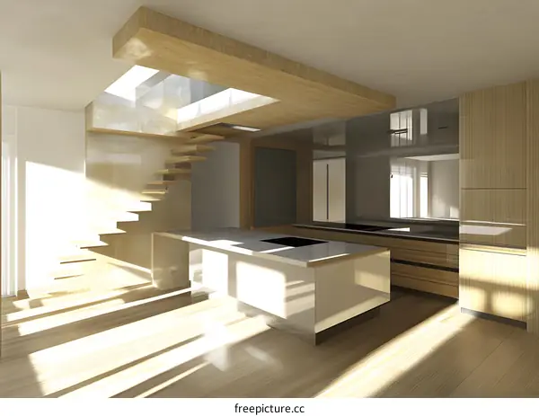 Modern Minimalist Kitchen Interior Design With Wooden Staircase and Light