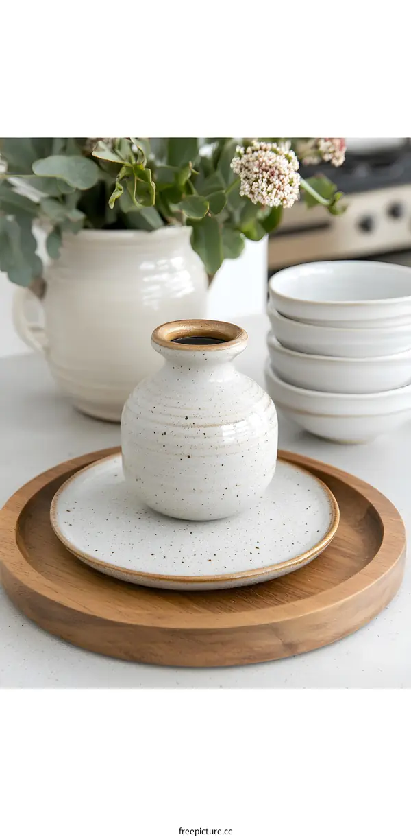 White Ceramic Vase on Wooden Tray