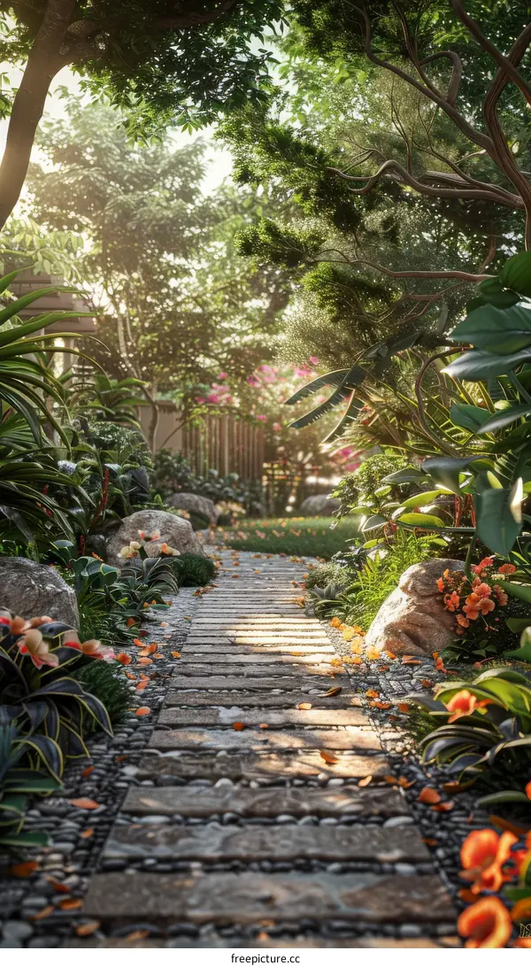 Stone Path in Serene Garden with Lush Foliage