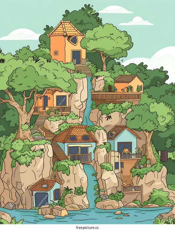 Cartoon Illustration of a Village on a Mountain with a Waterfall