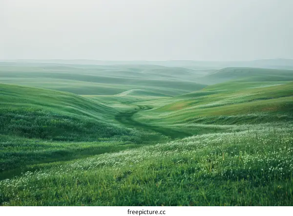 Green rolling hills of wheat field under a foggy sky