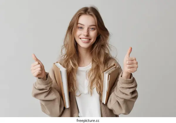Smiling Caucasian Woman with Thumbs Up Holding Books