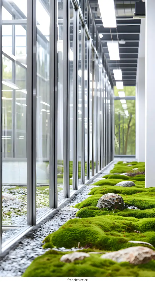 Modern Office Building with Green Moss Garden