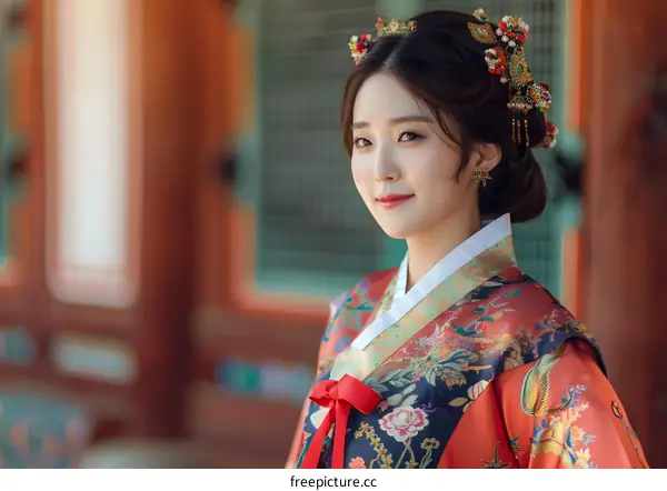 Portrait of a young woman in traditional Korean dress, or Hanbok