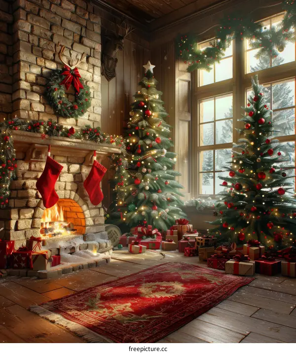 Christmas tree by the fireplace