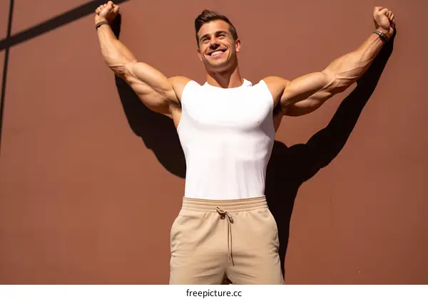 muscular man in white tank top and beige shorts flexing his muscles against brown background