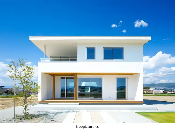 Modern White House Exterior Design With Blue Sky Background