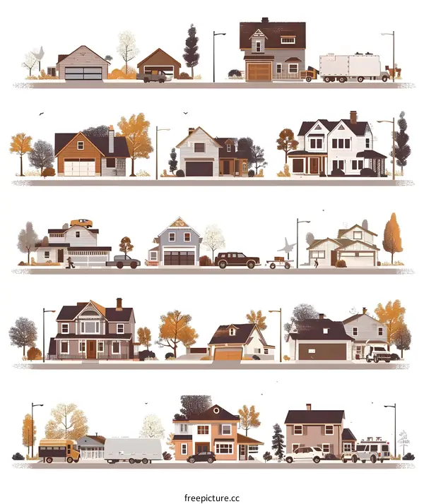 Illustrated Suburban Neighborhood Houses in Autumn