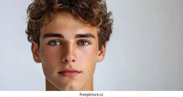 Portrait of a young man with curly hair and blue eyes
