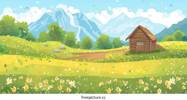 Summer Landscape Illustration With Wooden Cabin and Mountains