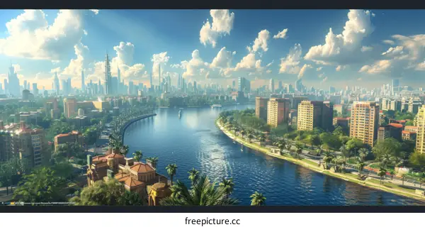 Futuristic Cityscape Riverfront Panorama