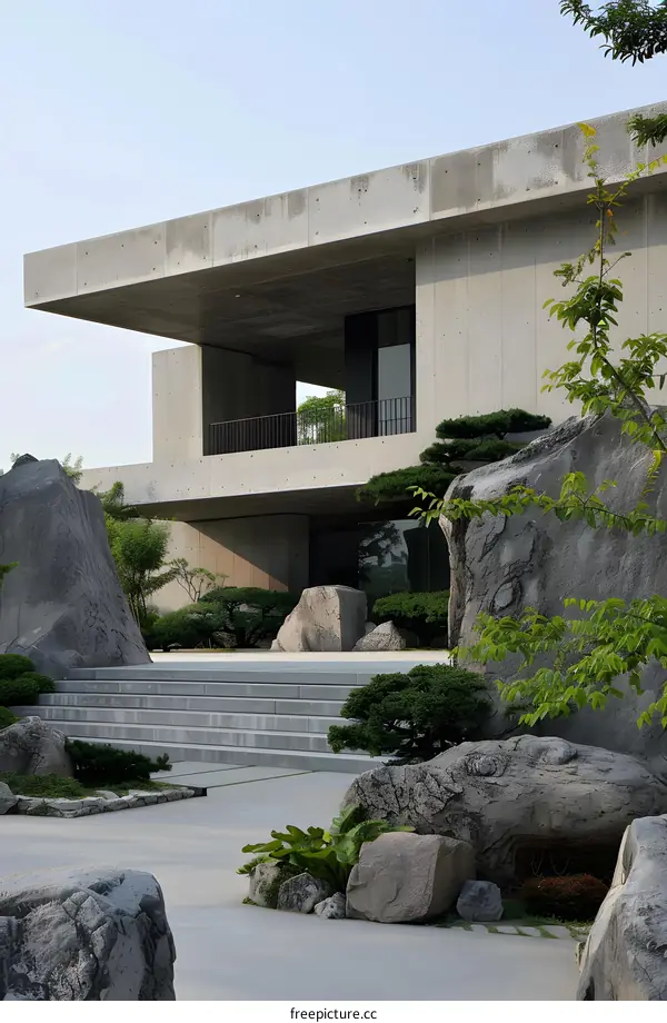 Modern Concrete House with Large Rocks in Front Yard