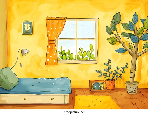 Yellow Bedroom with Window and Plants Illustration