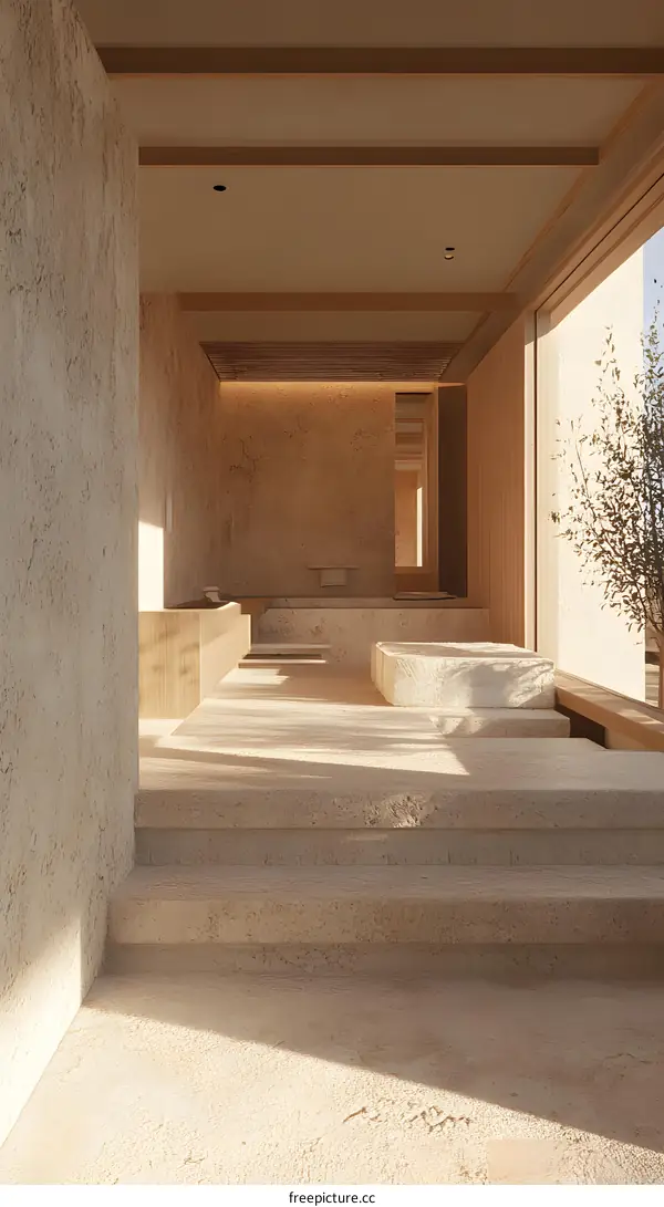 Minimalist Interior Design with Wooden Beams and Stone Walls