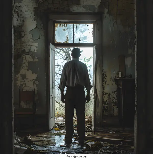 Man standing in a doorway looking out at a forest
