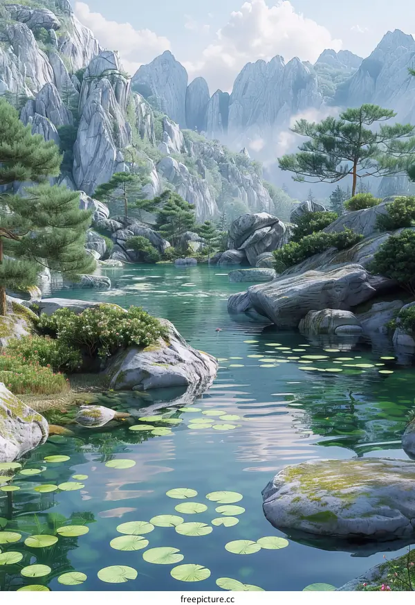 Panoramic view of a pristine mountain lake in a valley with lush greenery