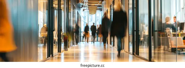 Busy modern office hallway with people