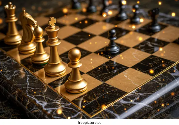 A close-up of a chessboard with gold and black chess pieces