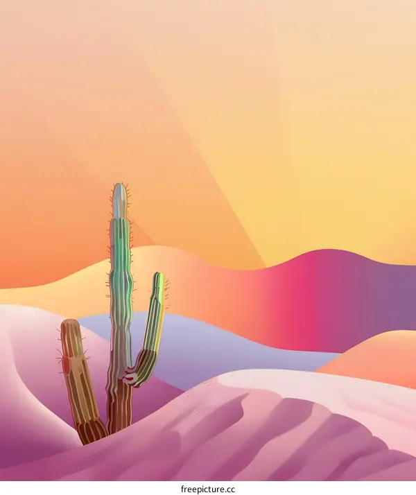 Desert Sunset Illustration with Cactus