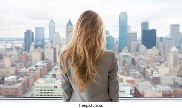Businesswoman looking at cityscape through office window