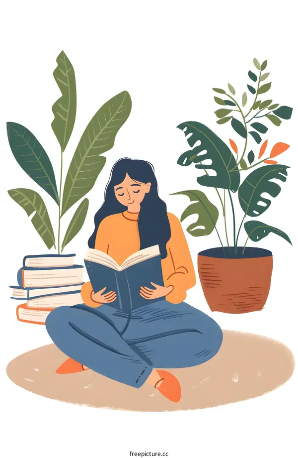 Woman Reading Book In A Cozy Room With Plants Illustration