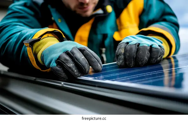 Worker Installing Solar Panel Closeup