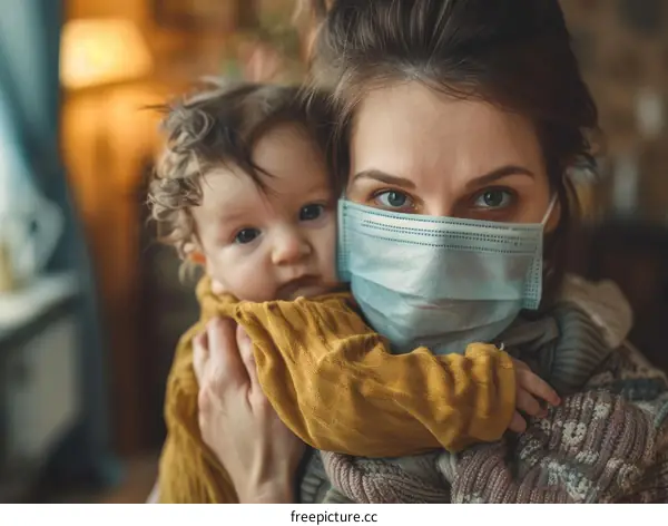 Mother and baby wearing surgical masks to prevent coronavirus