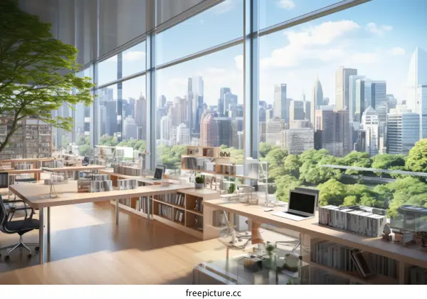 Modern office interior with large windows and city view