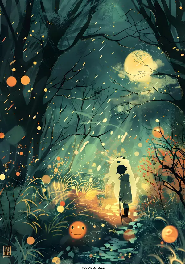 Girl in Forest With A Plush Toy Under The Moonlight