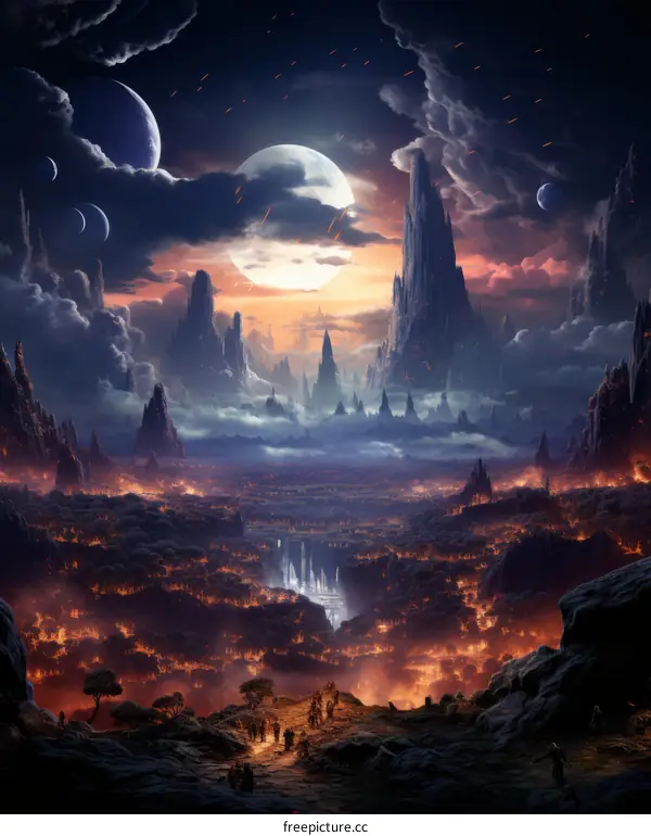 A group of people walking through a valley with a ruined city in the distance