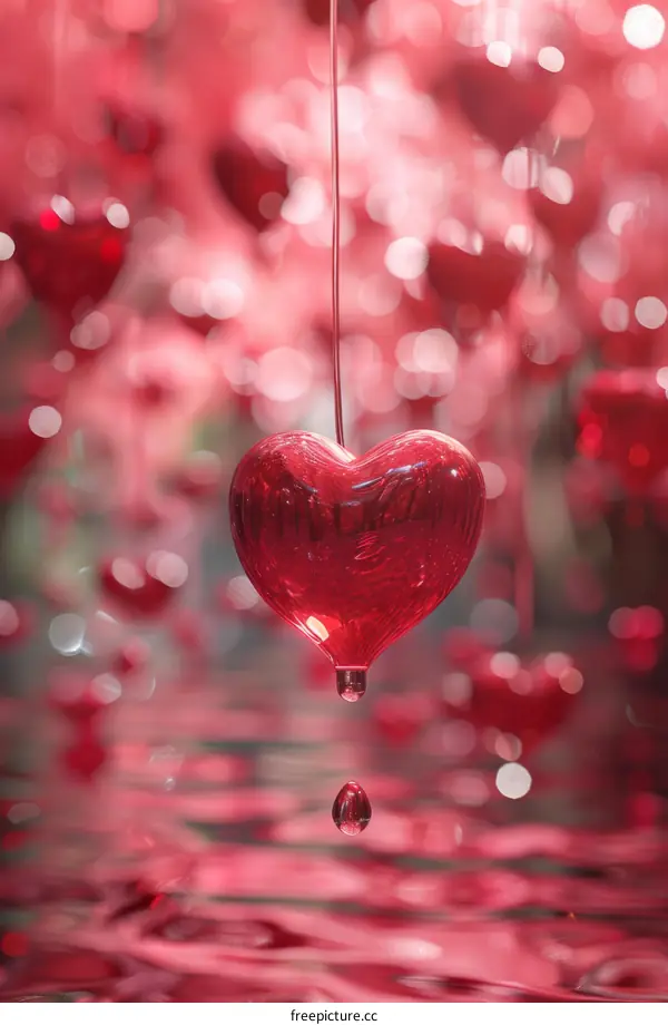 Dripping Red Heart against a Blurry Background of Hearts