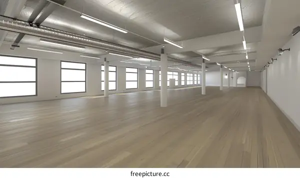 Empty Modern Loft Space with Wood Floor and Large Windows