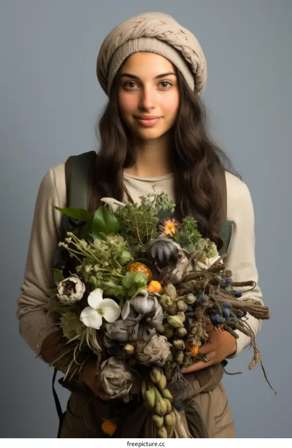 Portrait of a young woman holding a bouquet of dried plants