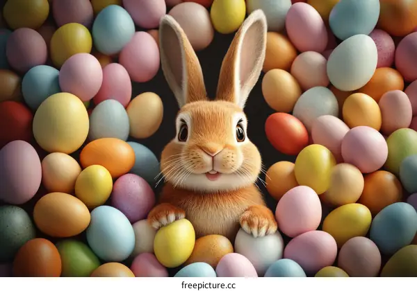 Cute Easter Bunny surrounded by Colorful Eggs
