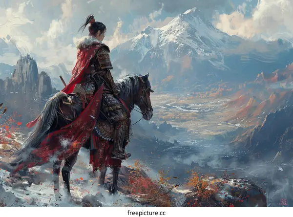 Samurai on Horseback in Snowy Mountain Landscape