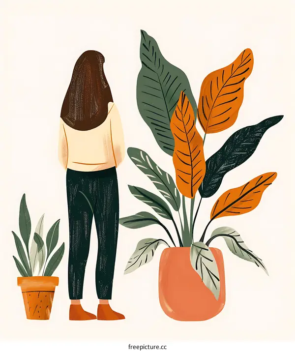 Woman Standing Beside Potted Plants Illustration
