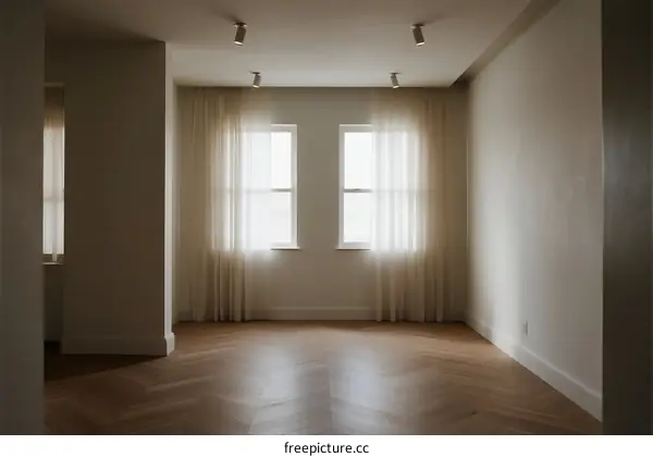 Empty room with wooden floor and two windows with sheer curtains