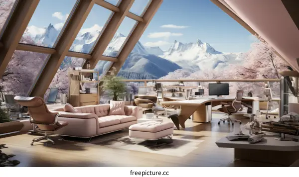 Modern home office with a stunning view of the mountains