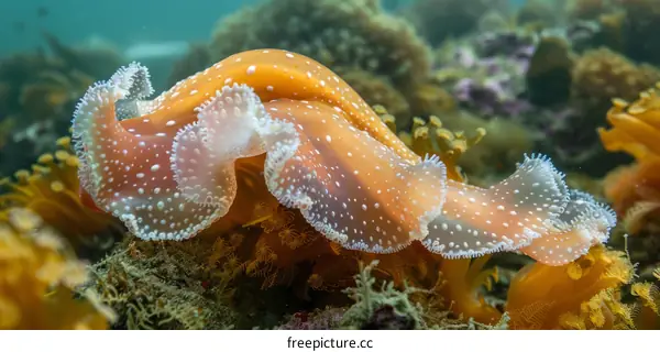 Orange-striped sea slug crawling on the ocean floor