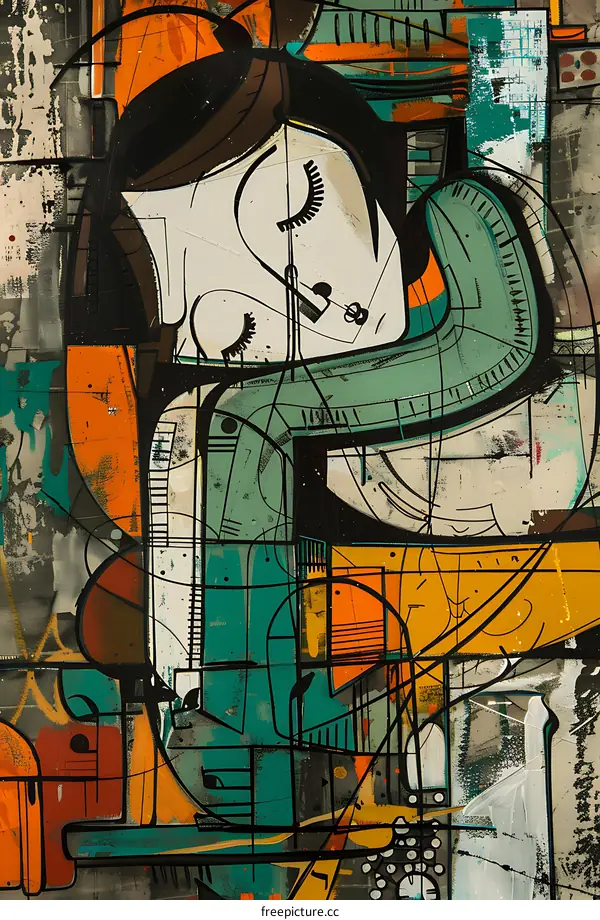 Abstract Art Painting with Woman in Green, Orange, and Black Colors