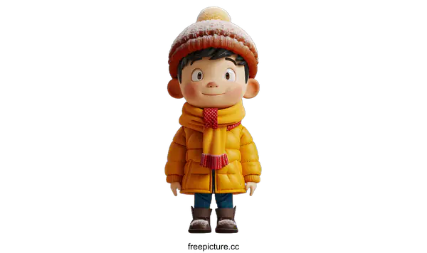[Transparent Background PNG]3D rendering of a cute cartoon boy wearing a yellow winter coat and a red scarf