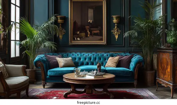 Elegant Teal Velvet Sofa in a Classic Interior