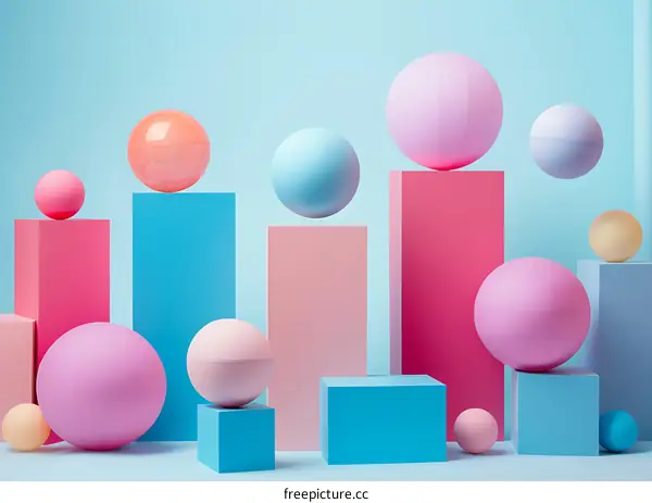 Abstract Colorful Spheres and Geometric Shapes on Light Blue Background