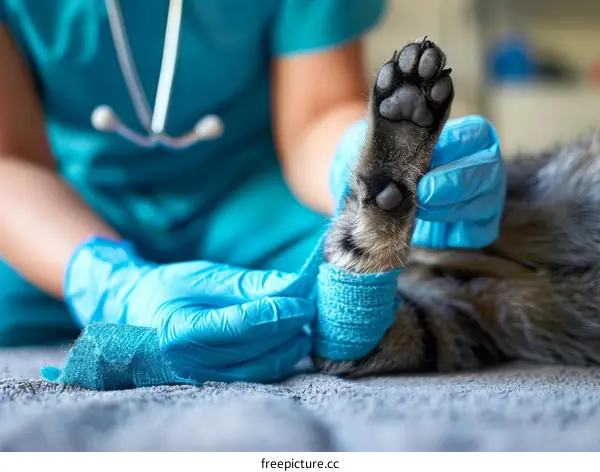 Close up of a veterinarian bandaging a cat's paw