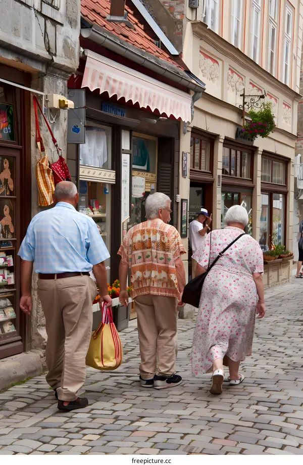 Three Elderly People Walking On Cobblestone Street
