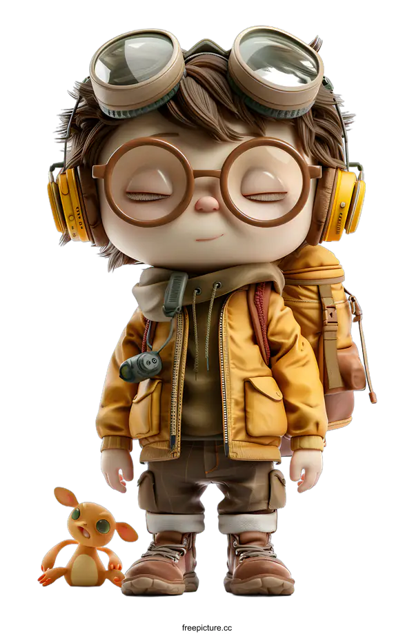 [Transparent Background PNG]3D rendering of a young boy wearing a yellow jacket and brown pants